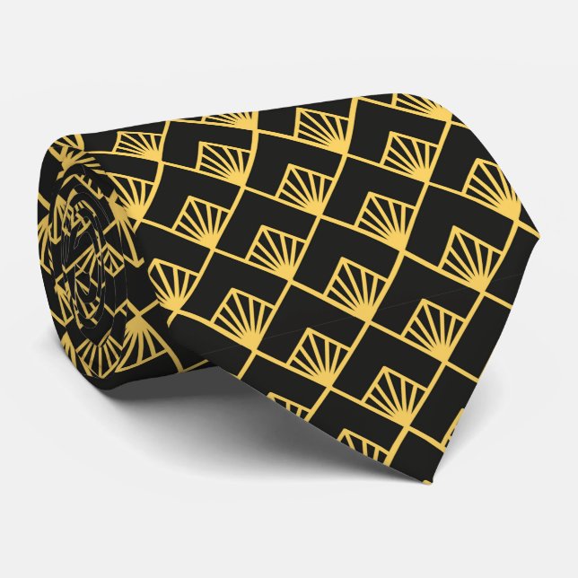 black gold art deco tiled pattern  tie (Rolled)