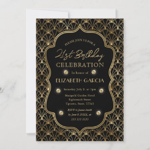 Black & Gold Art Deco Vintage Frame 21st Birthday Invitation
