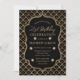 Black & Gold Art Deco Vintage Frame 21st Birthday Invitation