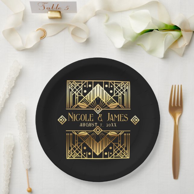 Black & Gold Art Deco Wedding  Paper Plate (Wedding)
