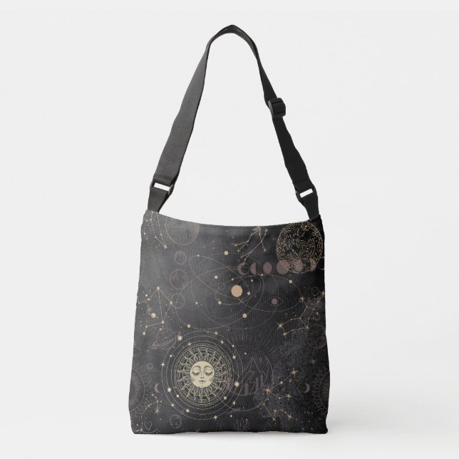 Black Gold Astrological Pattern Crossbody Bag (Front)
