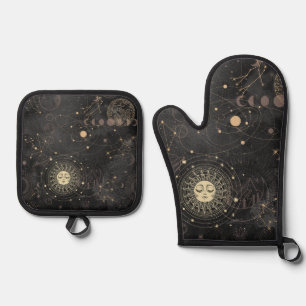 Black Gold Astrological Pattern Oven Mitt & Pot Holder Set