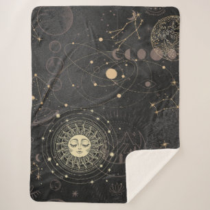 Black Gold Astrological Pattern Sherpa Blanket