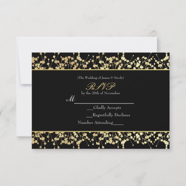 Black & Gold Babys Breath Wedding RSVP card (Front)
