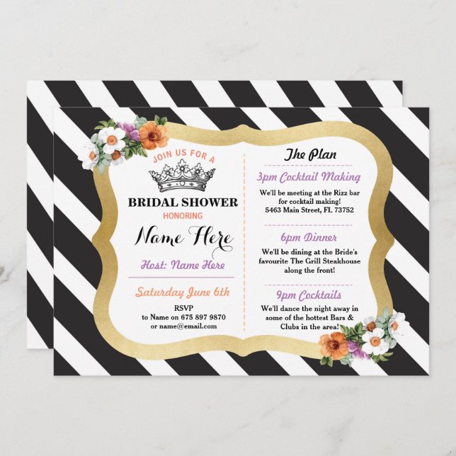 Black & Gold Bachelorette Itinerary Floral Stripe Invitation (Front/Back)