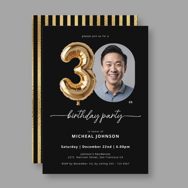 Black Gold Balloon 30th Birthday Invitation (Black Gold Balloon 30th Birthday Invitation)