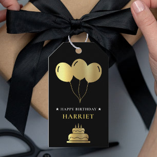 Black & Gold Balloon Birthday Cake Gift Tags