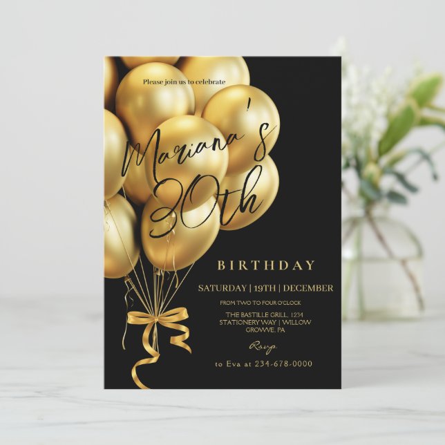  Black & Gold Balloon bow Birthday Party Invitation (Standing Front)