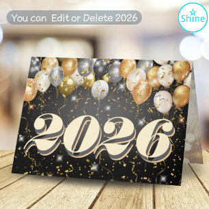 Black & Gold Balloon Confetti New Year Celebration Holiday Card