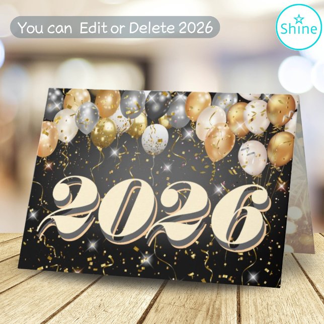 Black & Gold Balloon Confetti New Year Celebration Holiday Card (Creator Uploaded)