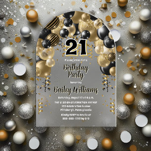 Black Gold Balloons 21st Birthday Party Acrylic Invitations