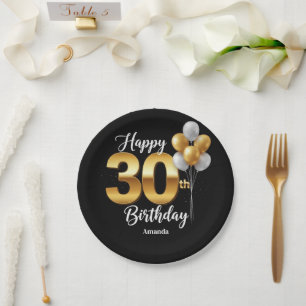 Black Gold Balloons 30th Birthday Plate