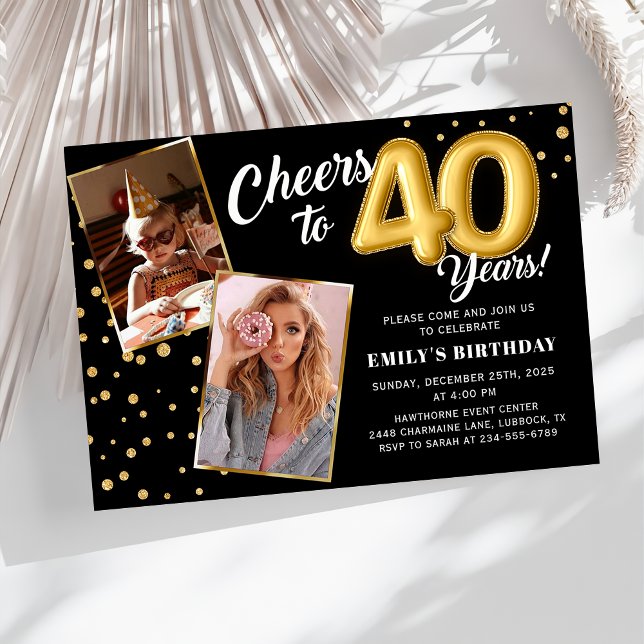Black Gold Balloons 40th Birthday Photo Invitation (Creator Uploaded)