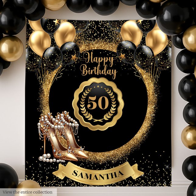 Black Gold Balloons 50th Birthday Backdrop Tapestry (Black Gold Balloons 50th Birthday Backdrop)