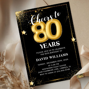Black Gold Balloons 80th Birthday Party Invitation