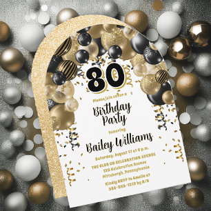 Black Gold Balloons 80th Birthday Party Invitation