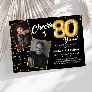 Black Gold Balloons 80th Birthday Photo Invitation