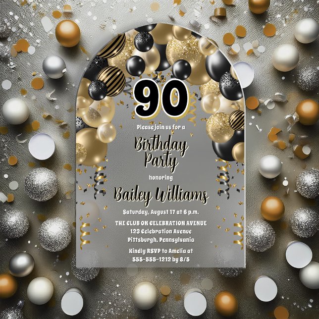 Black Gold Balloons 90th Birthday Party Acrylic Invitations (Black and Gold Tone  Celebration Balloons "90" 90th Birthday Party Acrylic Invitation)