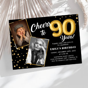 Black Gold Balloons 90th Birthday Photo Invitation