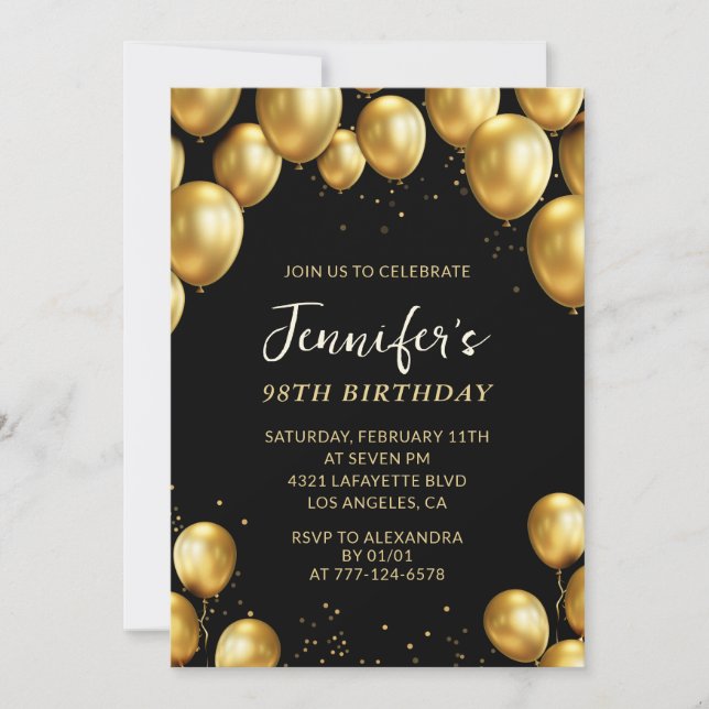 Black Gold Balloons 98th birthday  Invitation (Front)