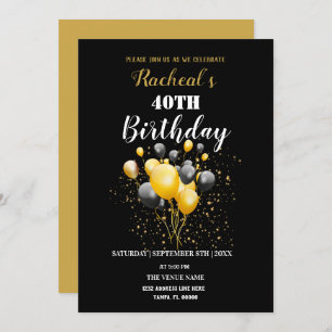 Black & Gold Balloons   Birthday Invitation