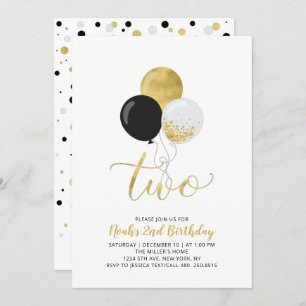 Black & Gold Balloons Boy 2nd Birthday Party Invitation