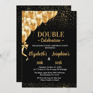 Black Gold Balloons glitter Dual Birthday Soiree  Invitation