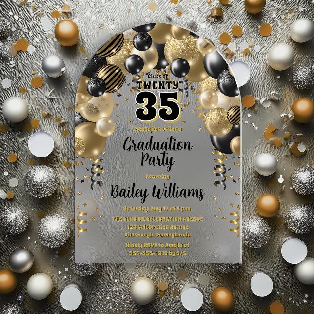 Black Gold Balloons Graduation Party Acrylic Invitations (Black and Gold-Tone Balloons Class Year Graduation Party Acrylic Invitations)