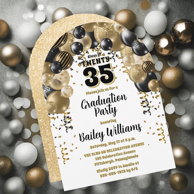Black Gold Balloons Graduation Party Invitation (Black | Gold Balloons Class Year Graduation Party Invitations - Print and/or Download Available)