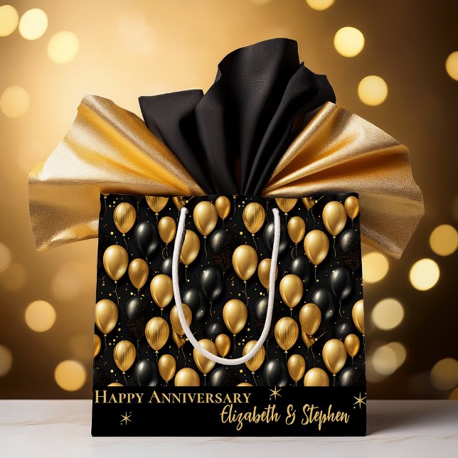 Black | Gold Balloons Happy Anniversary  Large Gift Bag (Elegant Black and Gold Faux Glitter Balloons Pattern A022 "Happy Anniversary" [Names] Large Gift Bag)