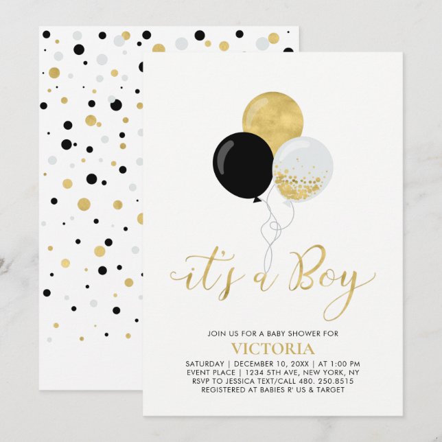 Black & Gold Balloons | It's a Boy Baby Shower Invitation (Front/Back)