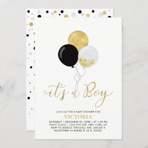 Black & Gold Balloons   It's a Boy Baby Shower Invitation