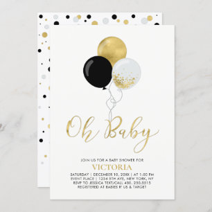 Black & Gold Balloons   Oh Baby Boy Baby Shower Invitation