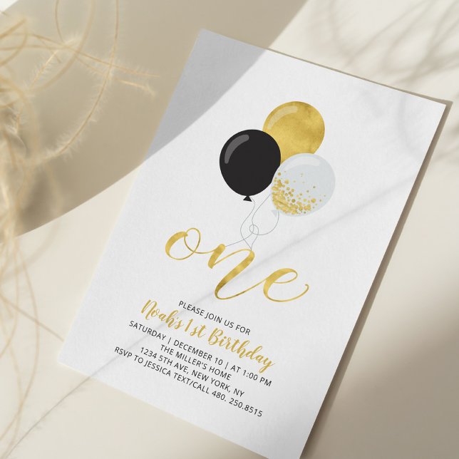 Black & Gold Balloons One 1st Boy Birthday Party Invitation (Creator Uploaded)