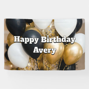 Black & Gold Balloons Personalised Happy Birthday Banner