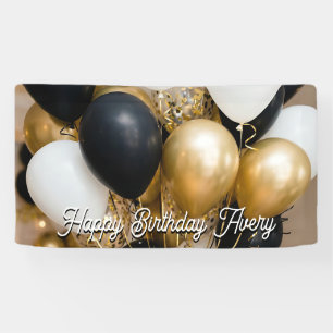 Black & Gold Balloons Personalised Happy Birthday Banner