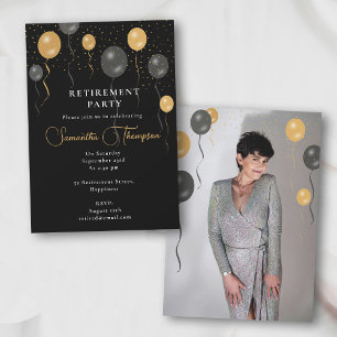 Black & Gold Balloons Retirement Party Photo Invitation