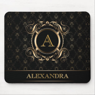 Black & Gold Baroque Frame Design-Monogram Mouse Pad