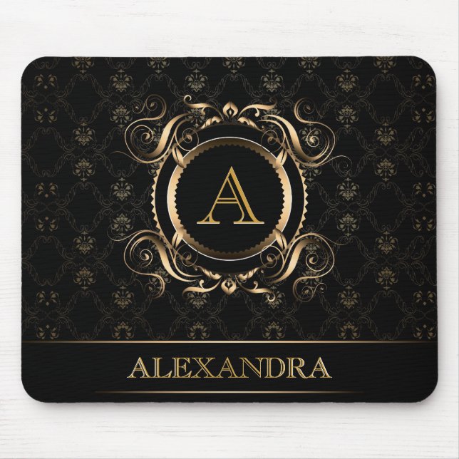 Black & Gold Baroque Frame Design-Monogram Mouse Pad (Front)