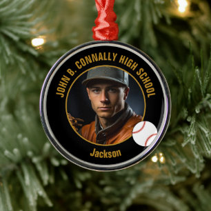 Black Gold Baseball Player Photo Christmas Metal Ornament