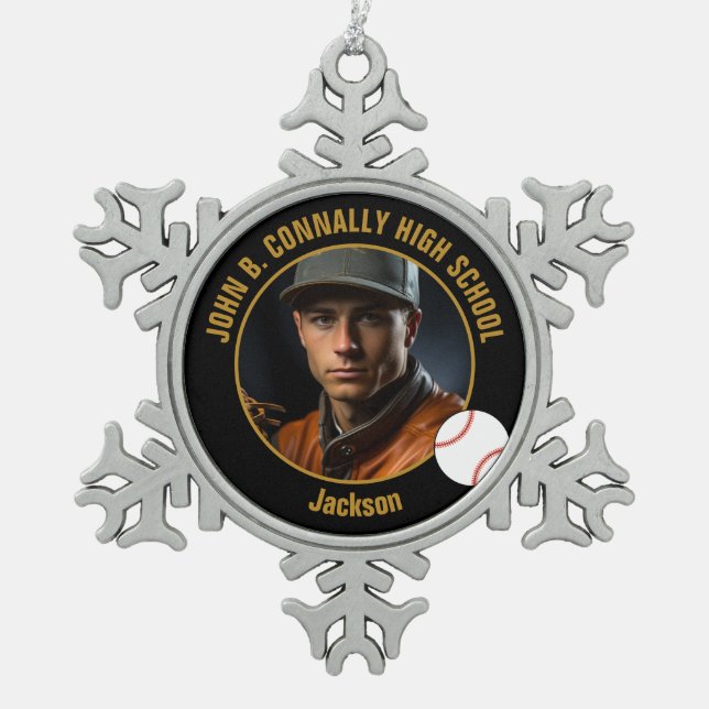 Black Gold Baseball Player Photo High School Snowflake Pewter Christmas Ornament (Front)
