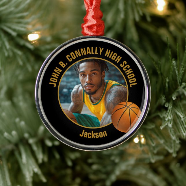 Black Gold Basketball Player Photo Christmas Metal Ornament (Tree)