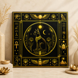 Black Gold Bastet Cat Egyptian Symbol Decor Ceramic Tile