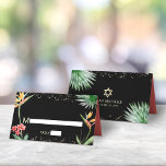 Black Gold Bat Mitzvah Tropical Floral Watercolor Place Card<br><div class="desc">No Bat Mitzvah party is complete without personalised place cards. Let your favourite Bat Mitzvah be proud, rejoice and celebrate her milestone at her perfectly coordinated party. Stylish, stunning, colourful, tropical watercolor bird of paradise flowers, faux gold Star of David and glitter dots, along with modern sans serif type, overlay...</div>