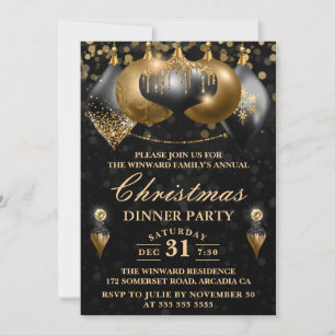 Black & Gold Baubles Christmas Dinner Party Invitation