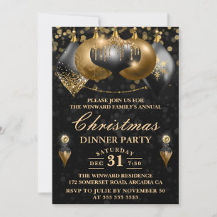 Black & Gold Baubles Christmas Dinner Party Invitation