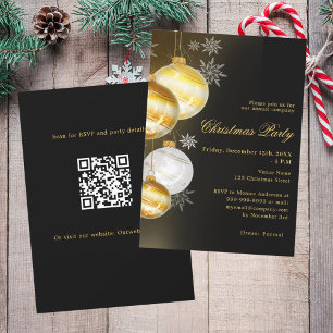 Black gold baubles company QR code Christmas Party Invitation