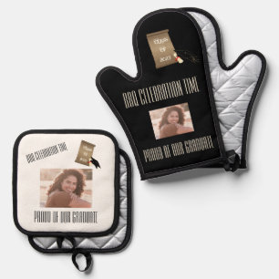 Black Gold BBQ Celebration Graduation Announcement Oven Mitt & Pot Holder Set