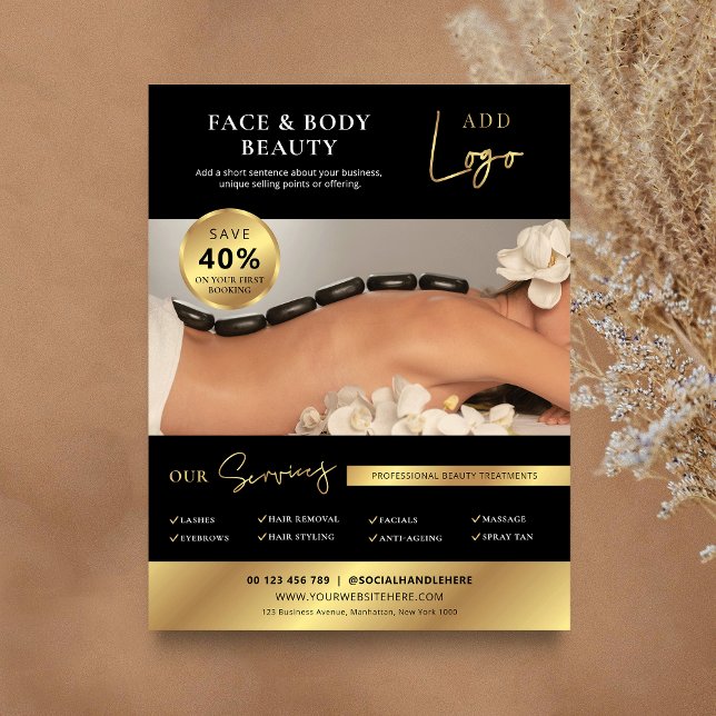 Black & Gold Beauty Spa Salon Services Marketing  Flyer (Modern business flyer in black and gold with large photo and custom text)