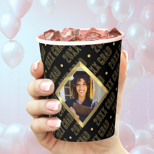 Black & Gold Beveled Photo Graduation Year Paper Cups